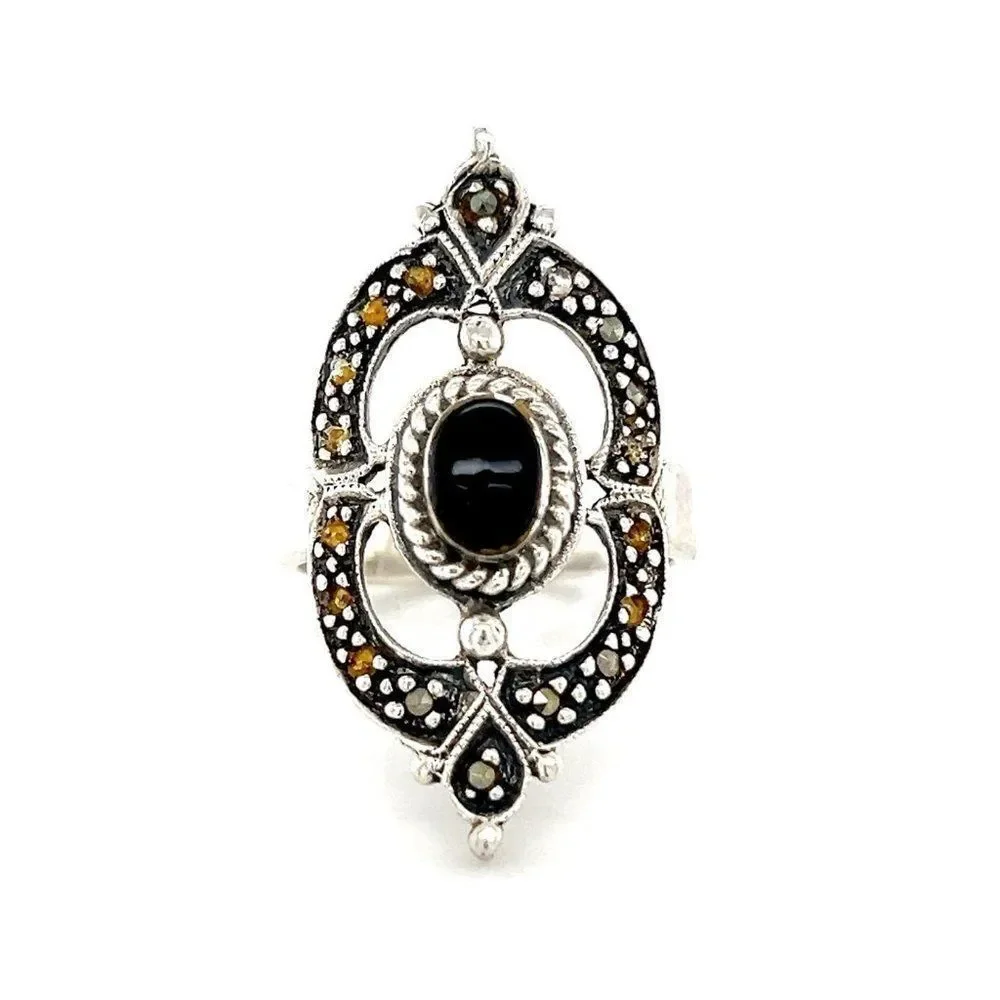 Sterling Silver 925‎ Pointed Shaped Marcasites/Onyx Ring
